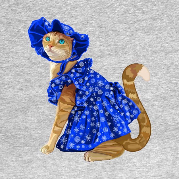 Ginger Cat in Snowflake Winter Dress by Art by Deborah Camp